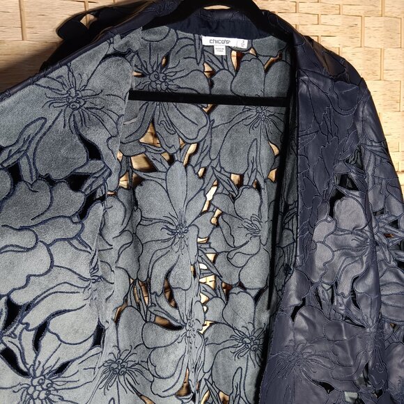 Chico's Faux Leather Laser Cut Floral Blazer Navy XL 16 - Picture 11 of 13